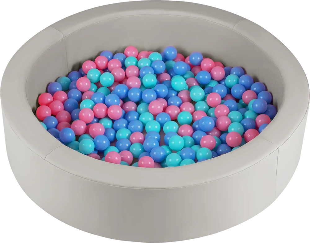 Round foam ball pit with gray PU cover and 200 colorful ocean balls, perfect for toddlers' indoor play and sensory fun.