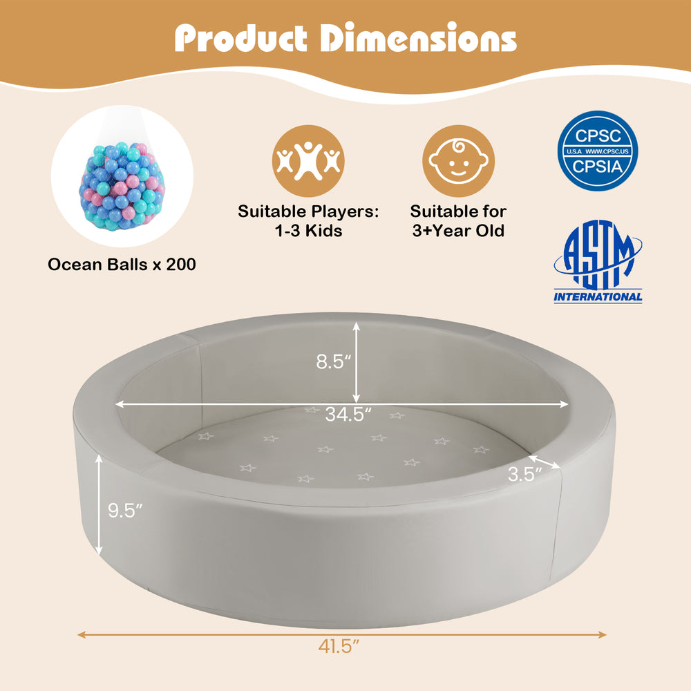 Round gray foam ball pit with 25D sponge filling, 200 ocean balls, and washable PU cover for toddlers aged 3+.
