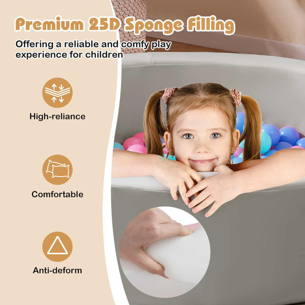 Round foam ball pit with 25D sponge filling, gray PU cover, and 200 vibrant ocean balls for toddlers' indoor play.
