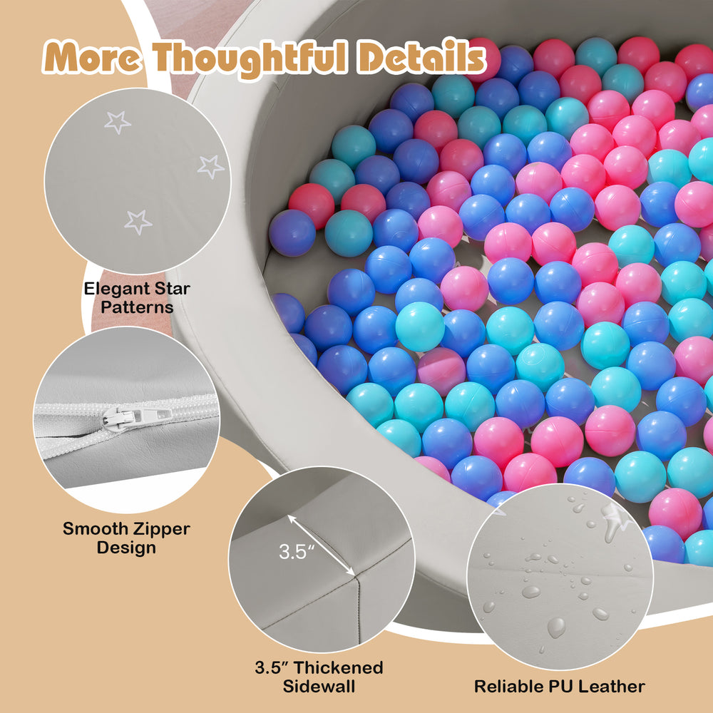 Round foam ball pit with 3.5" thickened sidewall, gray PU leather, and vibrant ocean balls for toddler play.