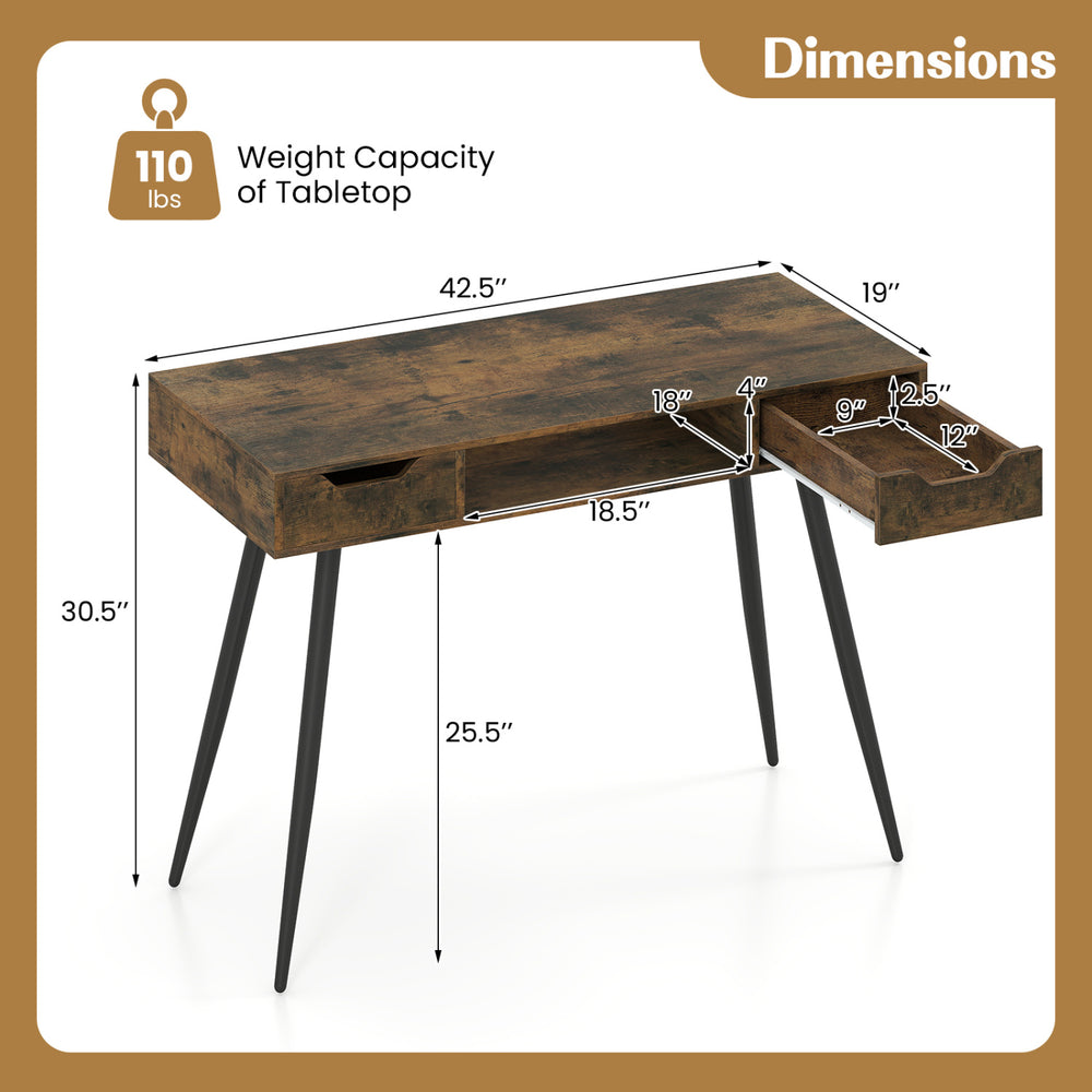 Mid Century Modern writing desk with metal legs, rustic brown finish, featuring dimensions and drawer details.