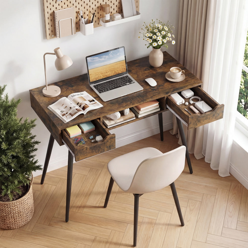 Mid Century Modern writing desk in rustic brown with metal legs and drawers, perfect for home office use.