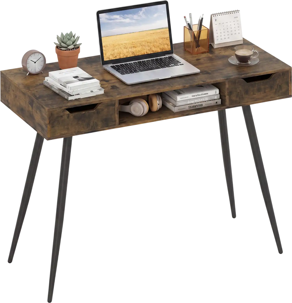 Mid Century Modern writing desk in rustic brown with metal legs, featuring drawers and a stylish workspace setup.