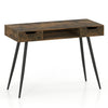 Mid Century Modern writing desk in rustic brown with metal legs and two drawers for stylish workspace organization.