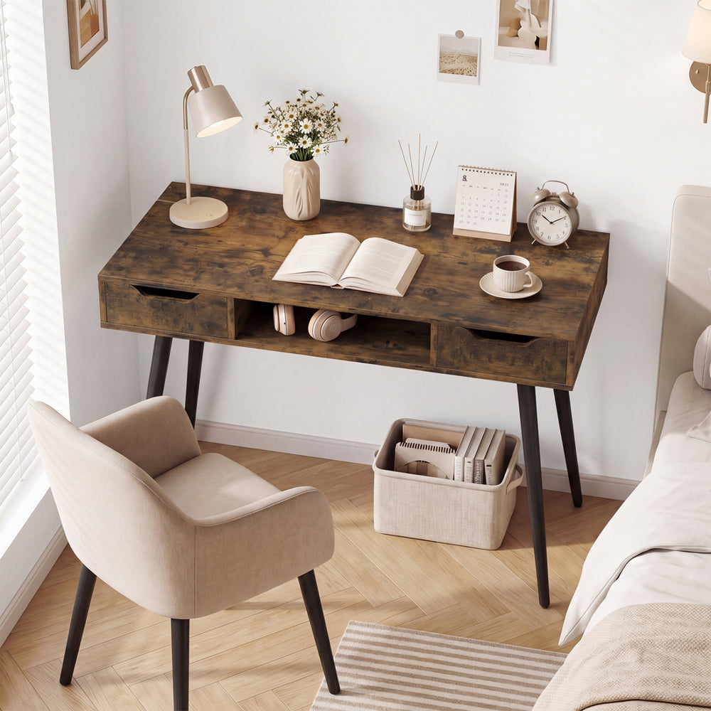 Mid Century Modern writing desk in rustic brown with metal legs and drawers, ideal for home office use.