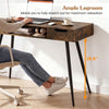 Mid-century modern writing desk in rustic brown with ample legroom, featuring metal legs and a drawer for storage.