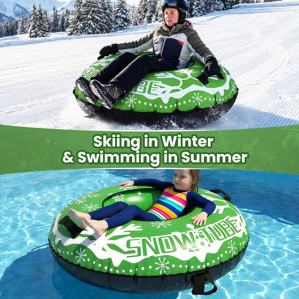 42" heavy-duty inflatable snow tube in green, suitable for skiing in winter and swimming in summer, with durable.