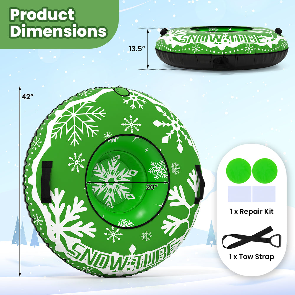 42" heavy-duty inflatable snow tube in green with snowflake design, featuring a detachable tow strap for easy transport.