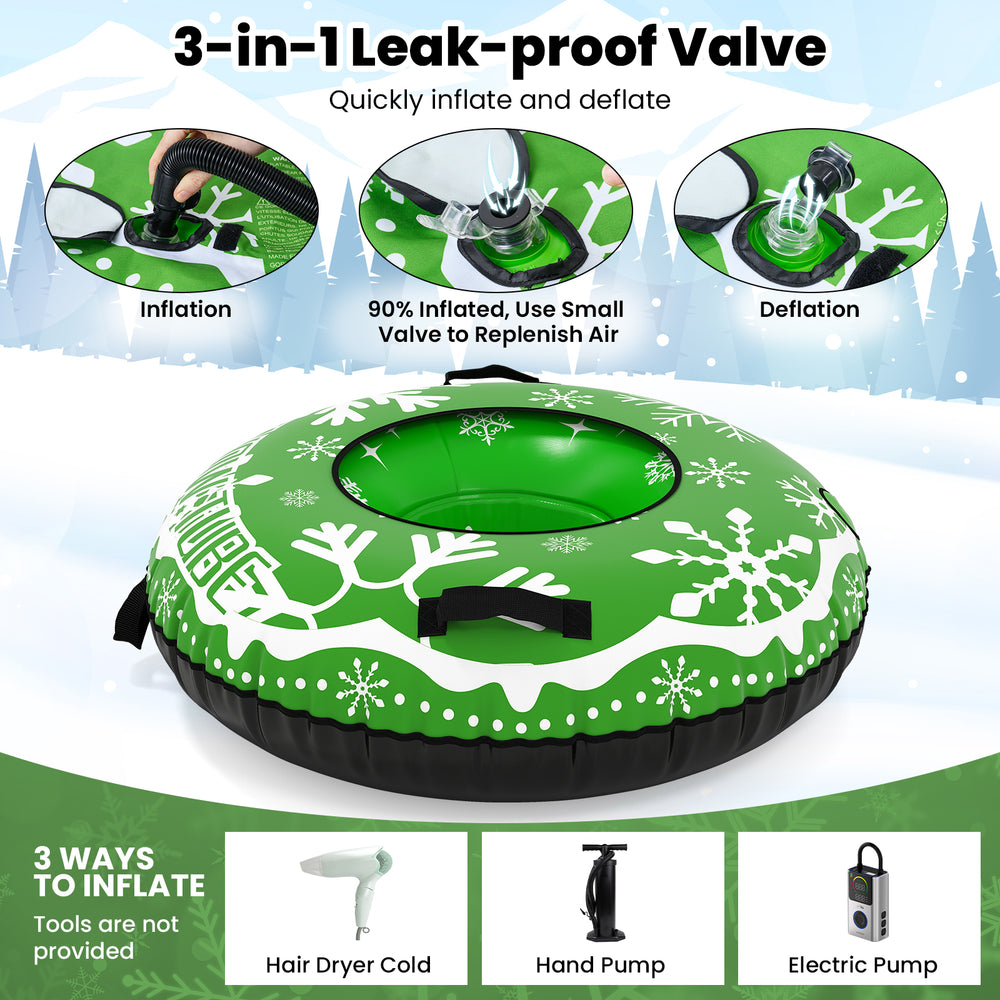 42" heavy-duty inflatable snow tube in green with detachable tow strap, designed for quick inflation and smooth skiing.