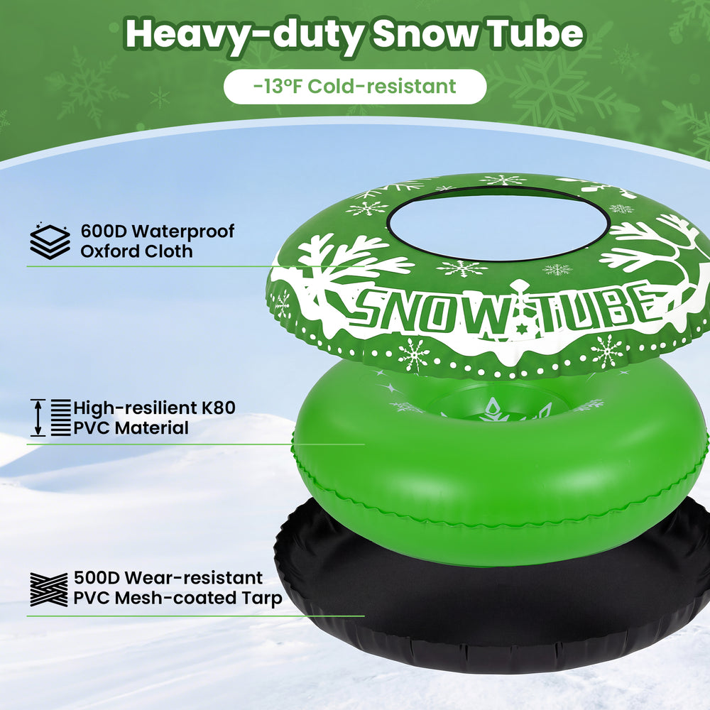 42" heavy-duty inflatable snow tube in green, made from 600D waterproof oxford cloth, ideal for winter fun.
