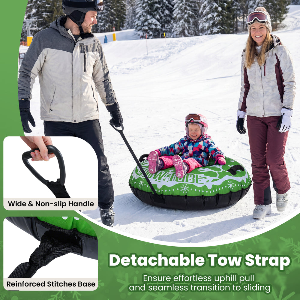 42" heavy-duty inflatable snow tube in green with detachable tow strap, ideal for winter fun for kids and adults.