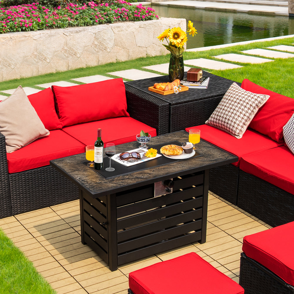 42-inch propane fire pit table with ore powder surface, featuring a solid steel structure and adjustable footpads for.
