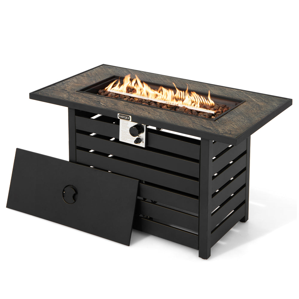 42-inch propane fire pit table with ore powder surface, 50,000 BTU output, and lava rocks for outdoor warmth and style.