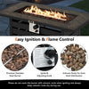 42-inch propane fire pit table with stainless steel burner, lava rocks, and ore powder surface for outdoor warmth.