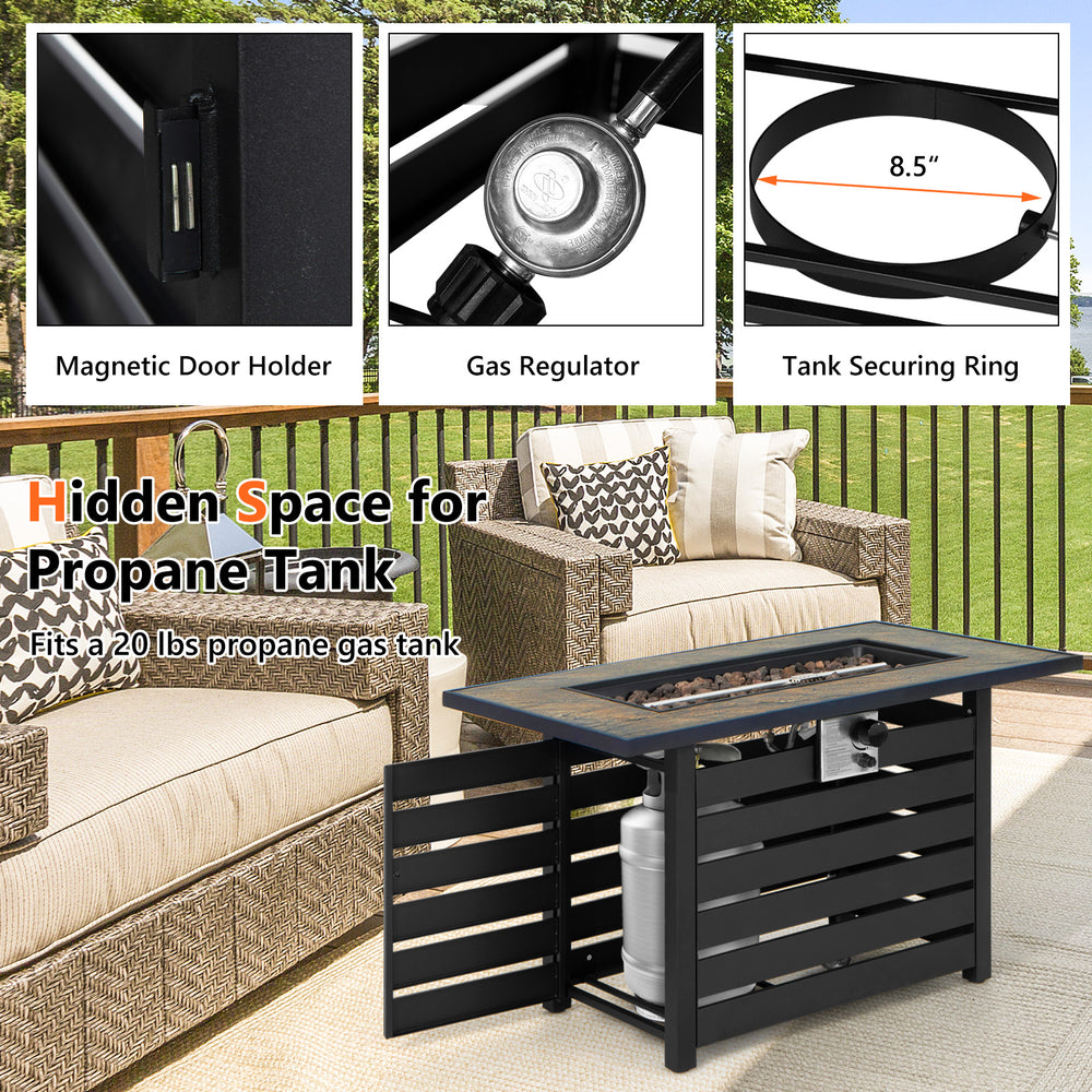 42-inch propane fire pit table with ore powder surface, featuring hidden propane tank storage and adjustable footpads.
