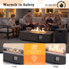42-inch rectangular fire table with 50,000 BTU output, featuring customizable heating and a tank holder for outdoor use.