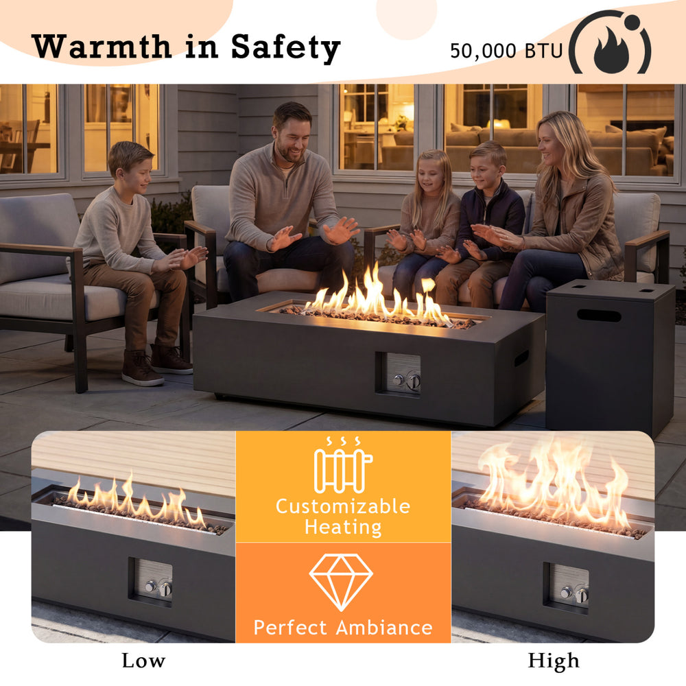 42-inch rectangular fire table with 50,000 BTU output, featuring customizable heating and a tank holder for outdoor use.