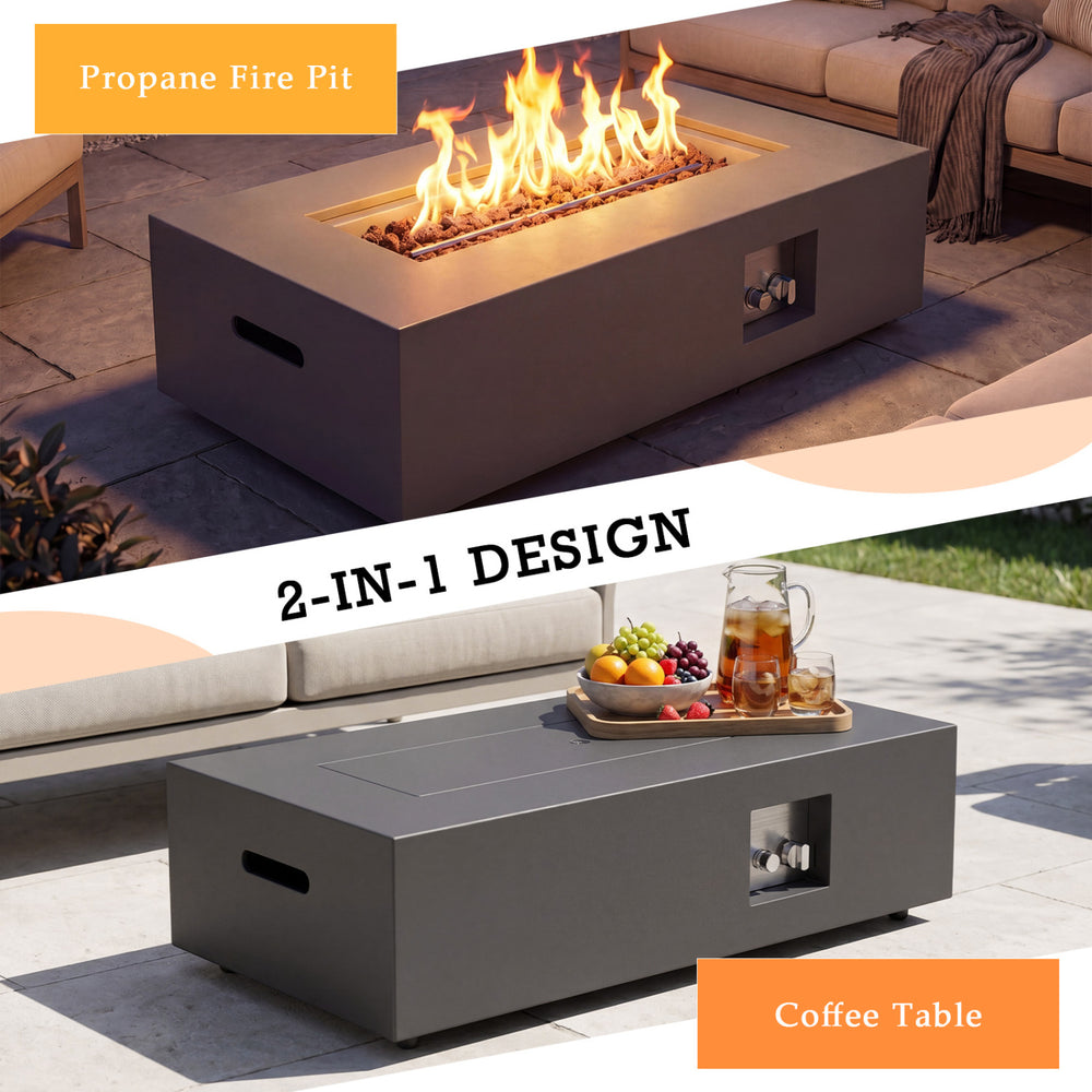 Rectangular 42-inch propane fire table with removable lid, 50,000 BTU heat output, doubles as a coffee table.