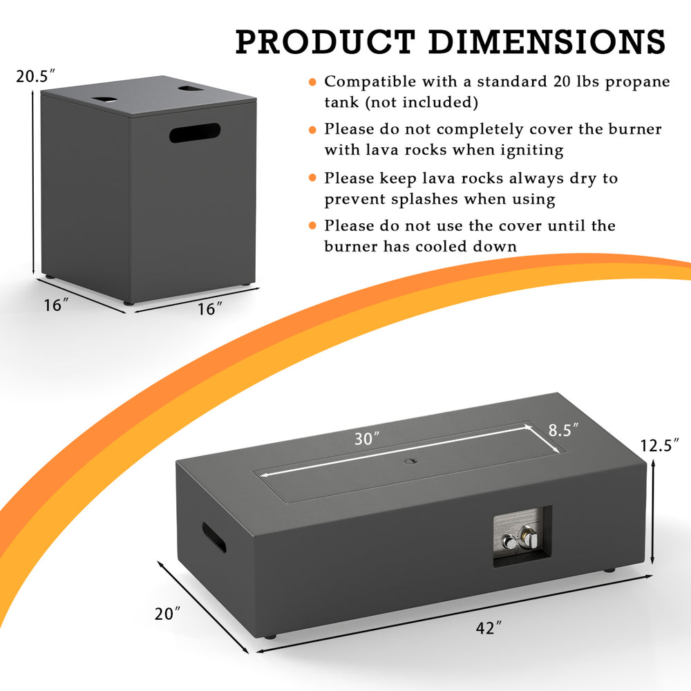 42-inch rectangular fire table with tank holder, 50,000 BTU output, made of cold rolled steel for outdoor warmth.
