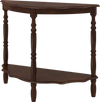 Half-moon console table in espresso with rubber wood legs and two open shelves, perfect for hallway or living room use.