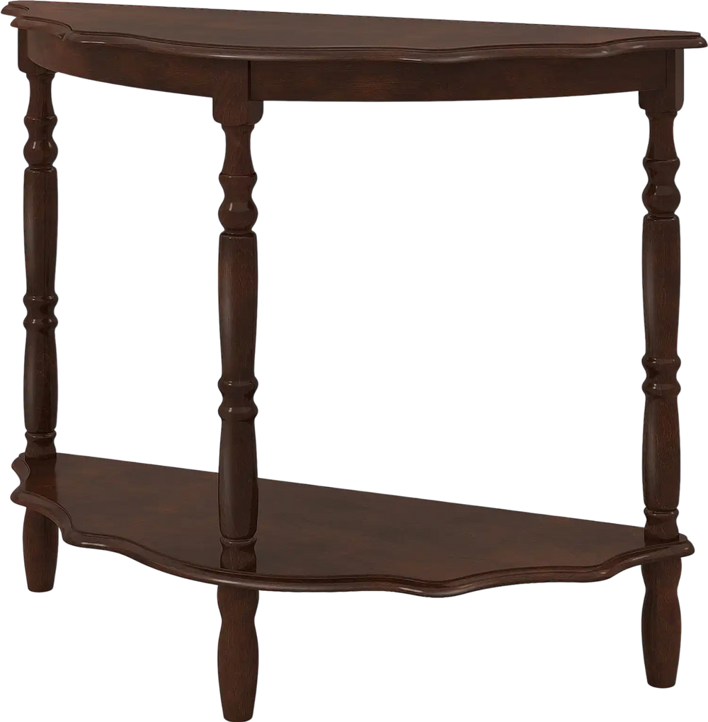 Half-moon console table in espresso with rubber wood legs and two open shelves, perfect for hallway or living room use.