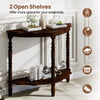 Half-moon console table with espresso finish, featuring 2 open shelves and rubber wood legs for hallway organization.