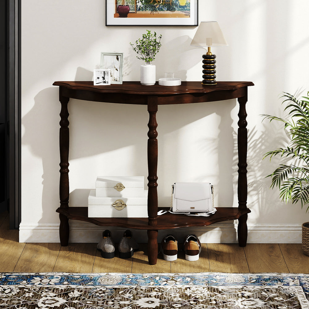 Elegant half-moon console table in espresso with cloud-shaped shelves, ideal for entryways and living spaces.