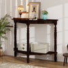 Half-moon console table with espresso finish, rubber wood legs, and two open shelves for hallway or living room use.