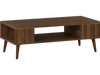 Mid-century modern walnut coffee table with open compartment and side shelves for versatile storage and organization.