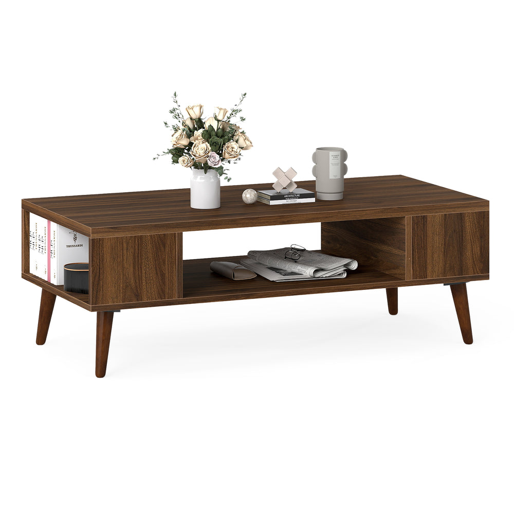 Mid-century modern walnut coffee table with open compartment and side shelves for organized storage and easy cleaning.