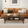 Mid-century modern walnut coffee table with open compartment and solid rubber wood legs, perfect for living room.