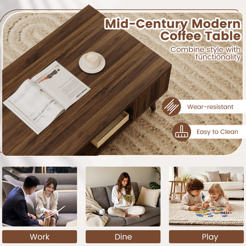 Rectangular 42-inch mid-century modern coffee table in walnut with open compartment for organized storage and easy.