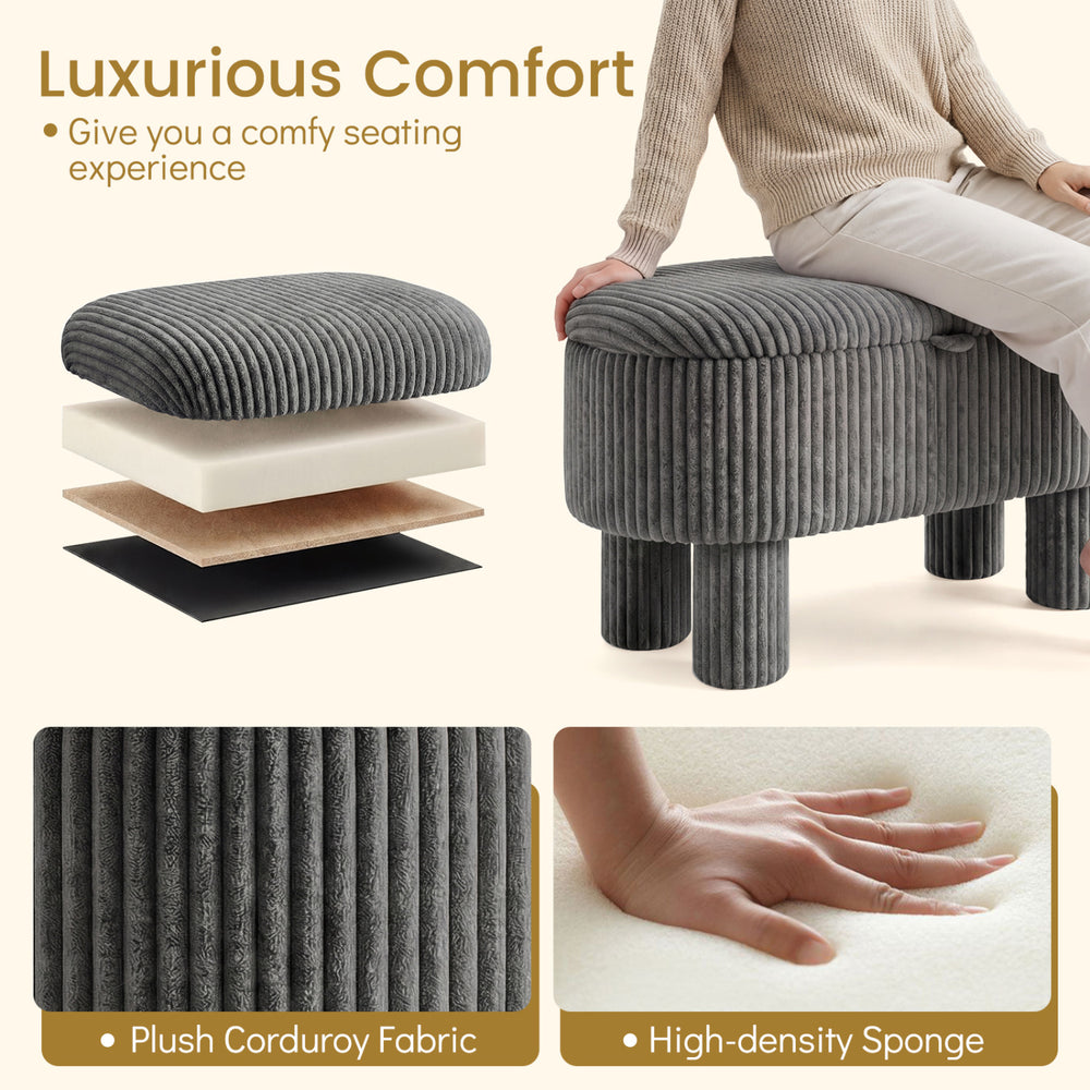 Gray corduroy storage ottoman bench with plush fabric and high-density sponge, perfect for seating and storage.