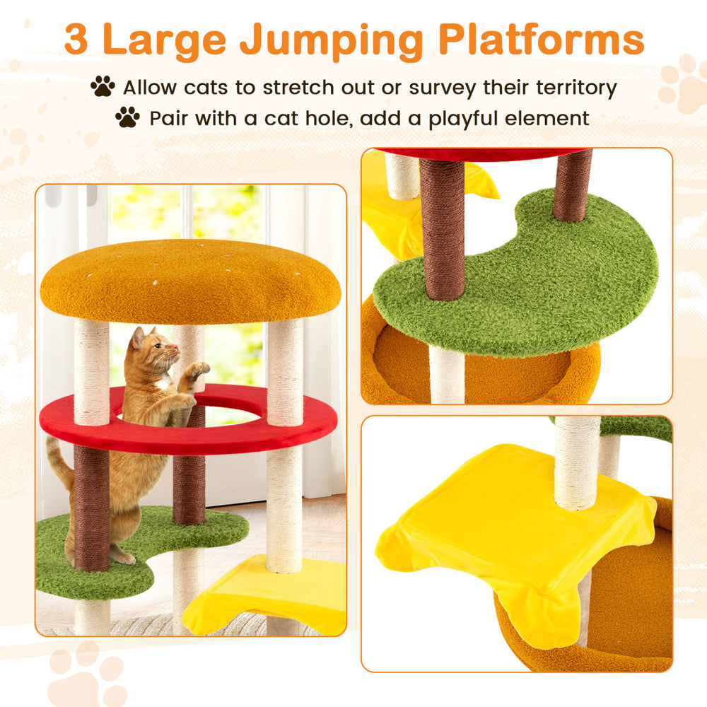 Three large padded jumping platforms on a colorful 42-inch cat tree, perfect for lounging and exploring.