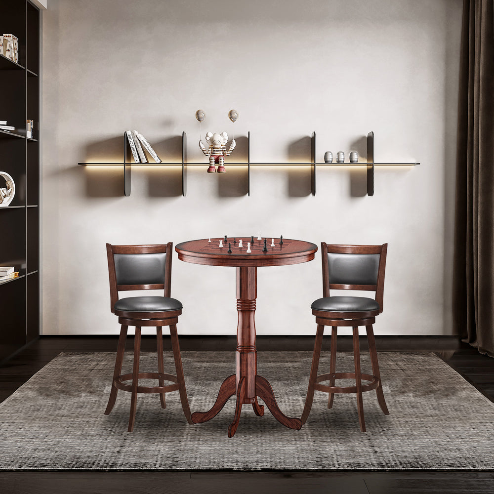 42-inch wooden round pub pedestal side table with chessboard design, ideal for dining rooms and bistros.