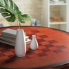 Round wooden pub pedestal side table with chessboard design, featuring a sturdy solid wood structure for versatile use.