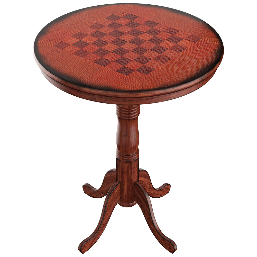 42-inch wooden round pub table with chessboard design, solid pedestal base, perfect for dining rooms or bistros.