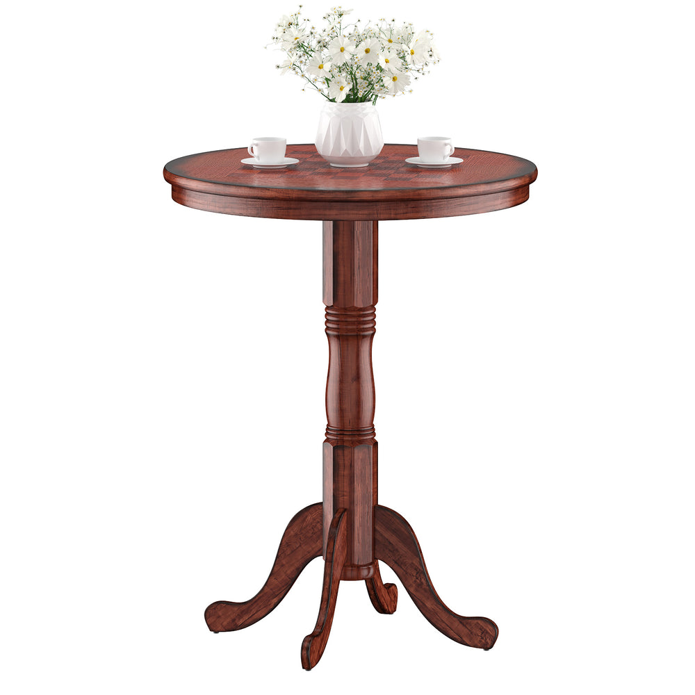 42-inch wooden round pub pedestal side table with chessboard design, perfect for dining rooms or bistros.