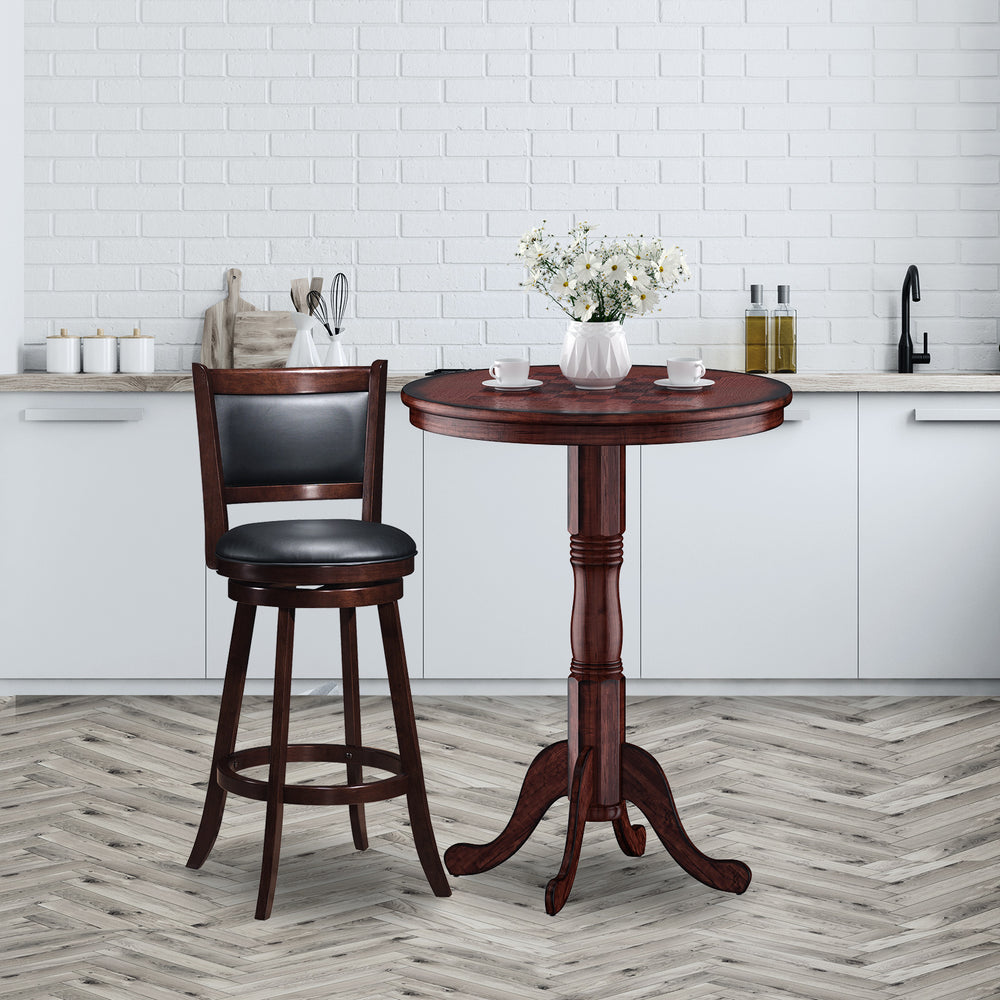 42-inch wooden round pub pedestal side table with chessboard design, perfect for dining rooms and bistros.
