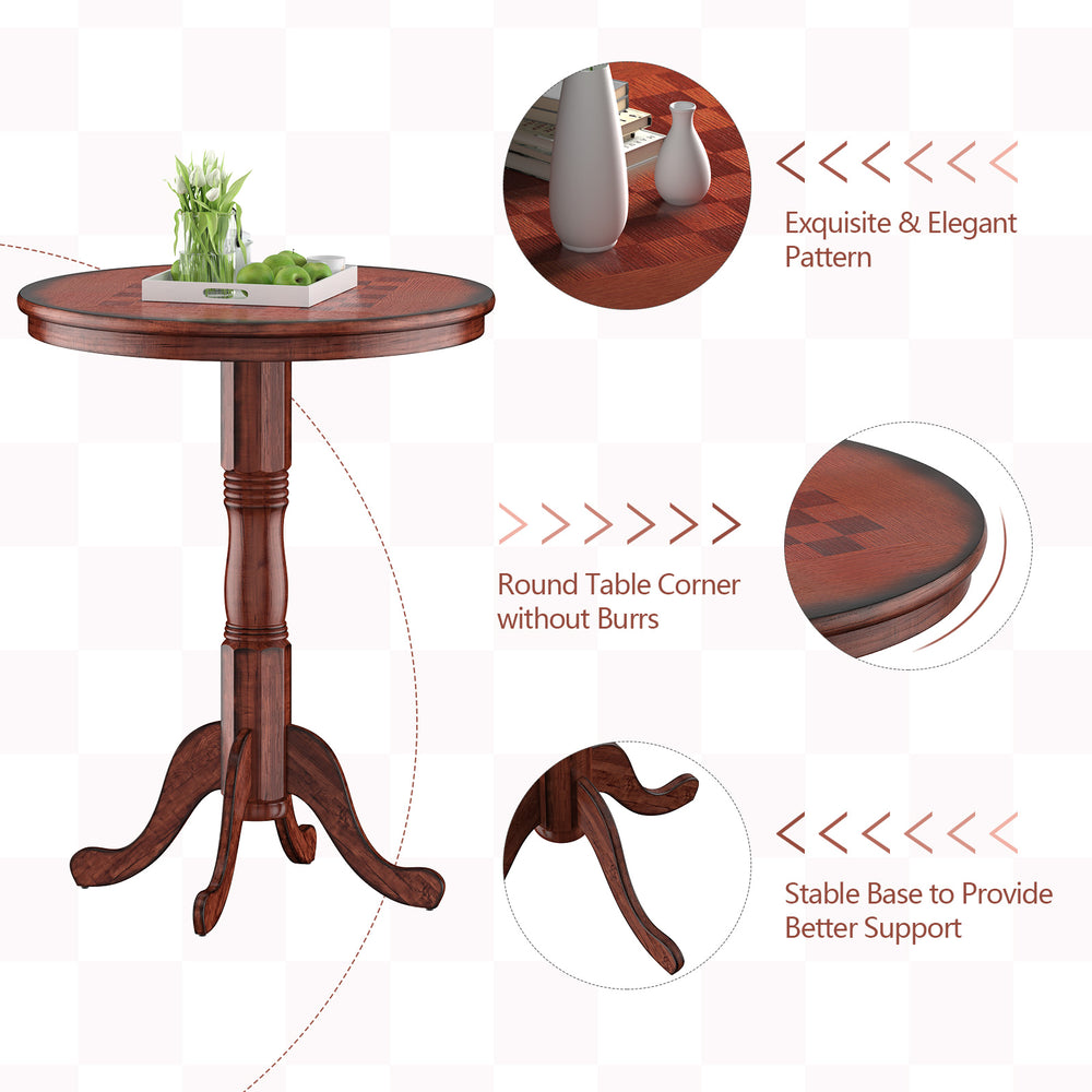 Round 42-inch wooden pub pedestal side table with chessboard design, featuring a sturdy base for stability and elegance.