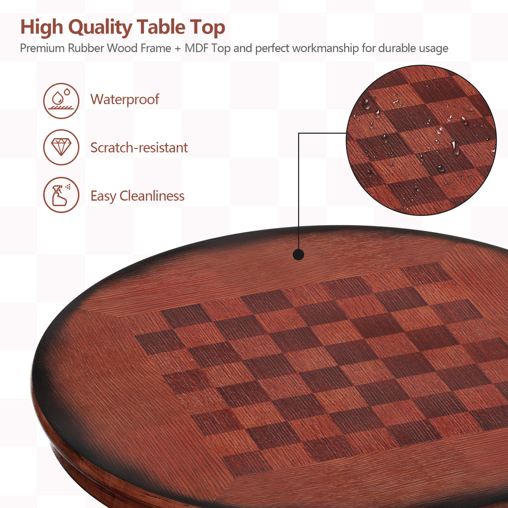 Round wooden table top featuring a chessboard design, waterproof and scratch-resistant for easy cleaning and durability.