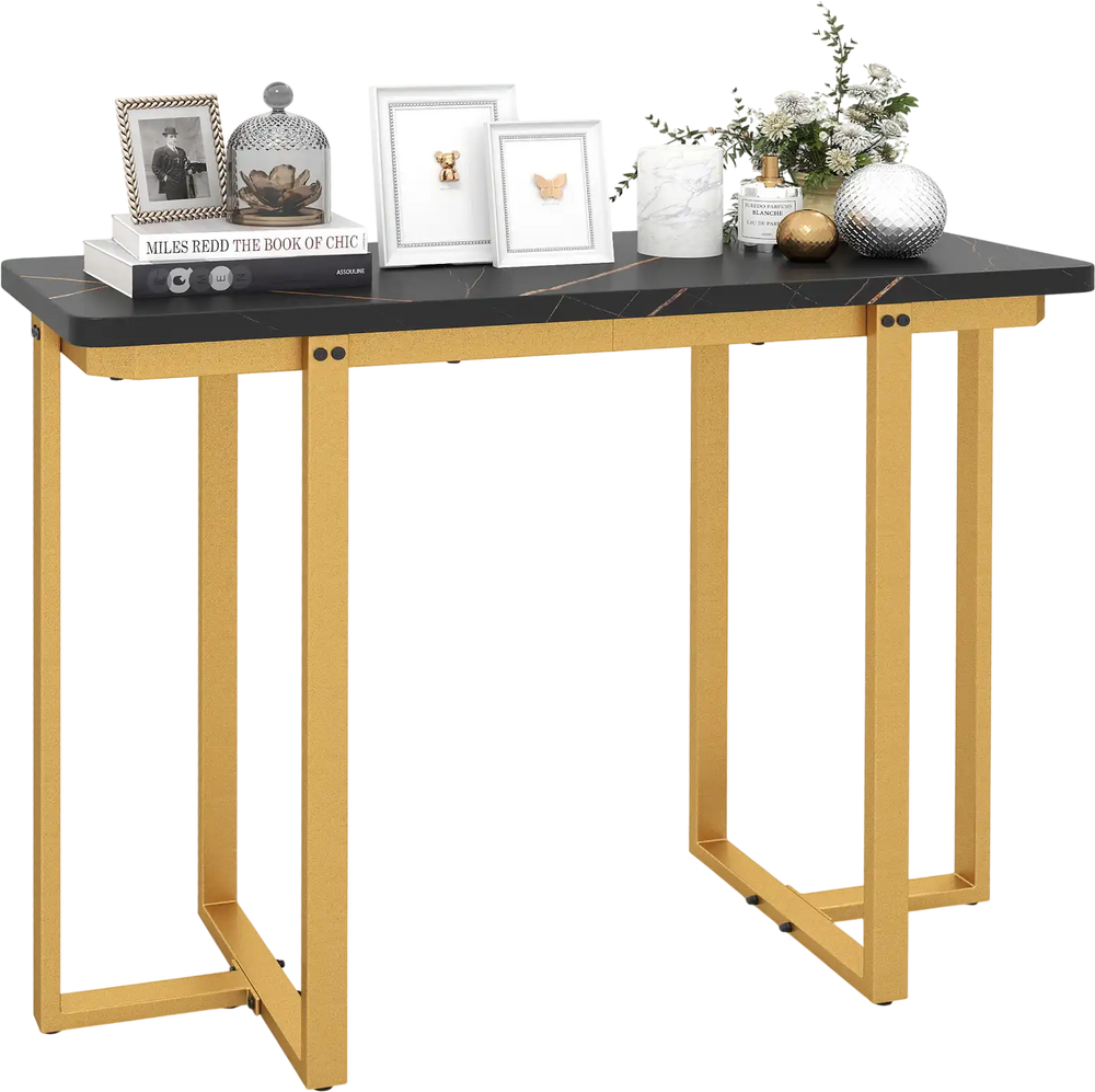 Modern faux marble entryway table with a geometric golden metal frame, perfect for hallway or living room decor.