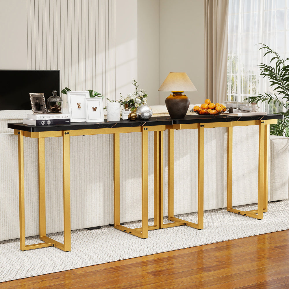 Modern 42-inch black faux marble entryway table with a geometric gold metal frame, ideal for living room or hallway.