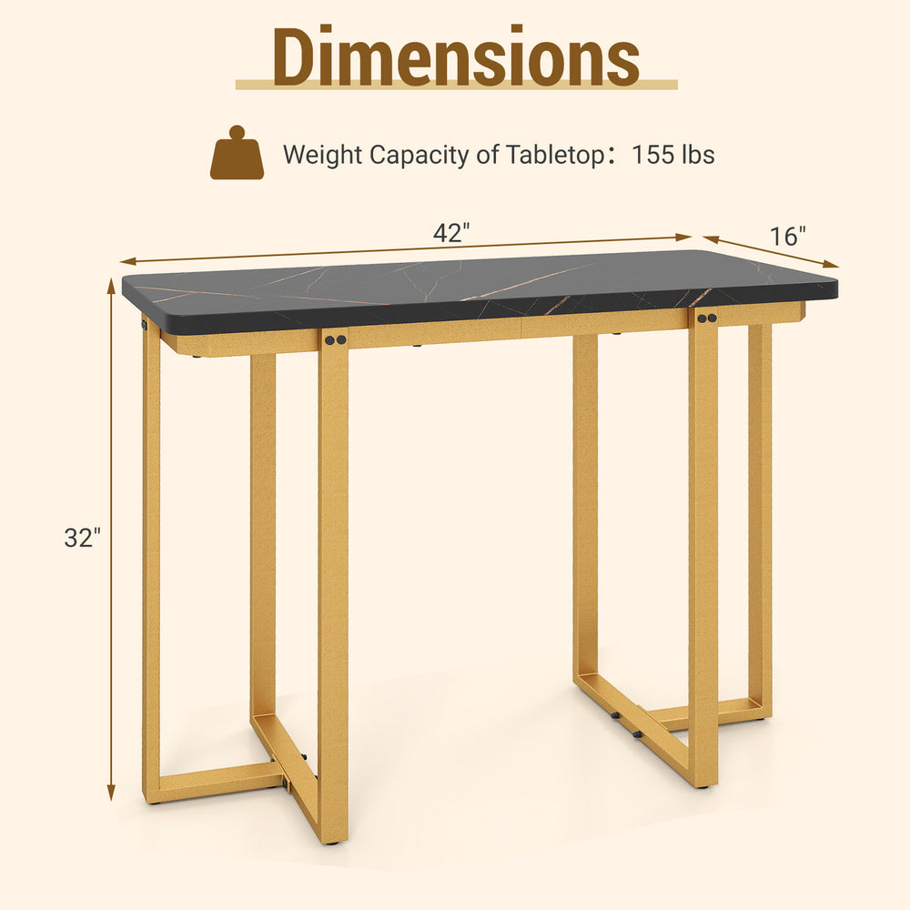 Modern faux marble entryway table with geometric gold metal frame, measuring 42"x16"x32", ideal for living room or.