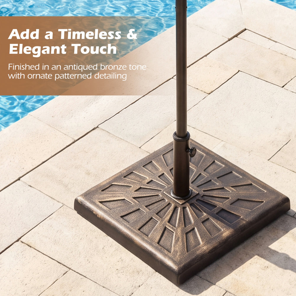 42 lbs weighted patio umbrella base in antiqued bronze with ornate detailing, perfect for outdoor stability and style.