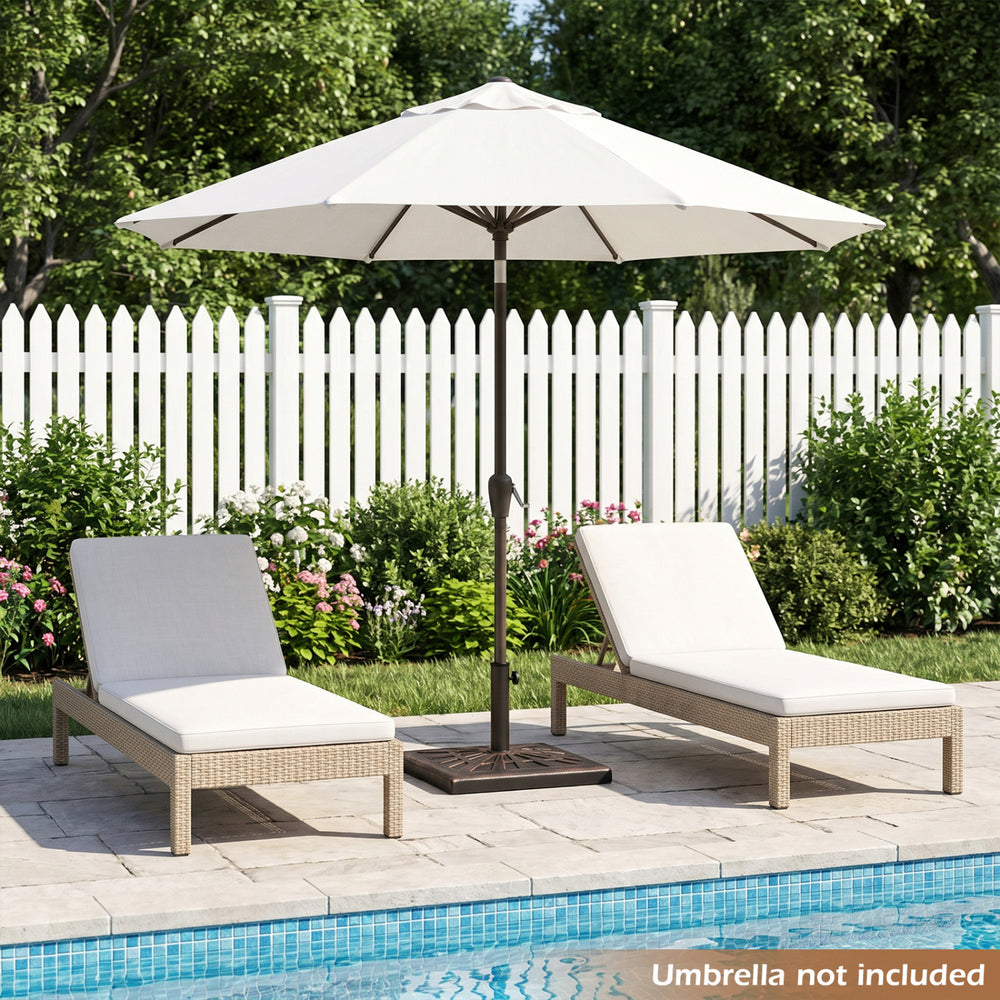 Bronze 42 lb weighted patio umbrella base with adjustable knob, designed for stability in outdoor settings.
