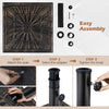 42 lbs weighted patio umbrella base in antiqued bronze with adjustable knob and adapters for various umbrella sizes.