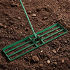 Lawn leveling rake with a 42 x 10 inch plate and ergonomic handle, perfect for leveling grass surfaces in gardens.