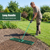 Lawn leveling rake with a long ergonomic handle for easy use, featuring a large plate for even lawn surface leveling.