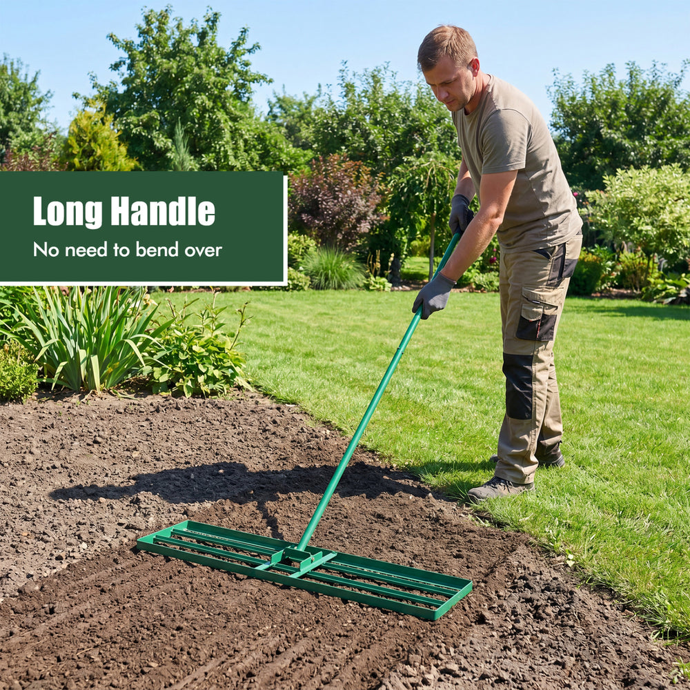 Lawn leveling rake with a long ergonomic handle for easy use, featuring a large plate for even lawn surface leveling.